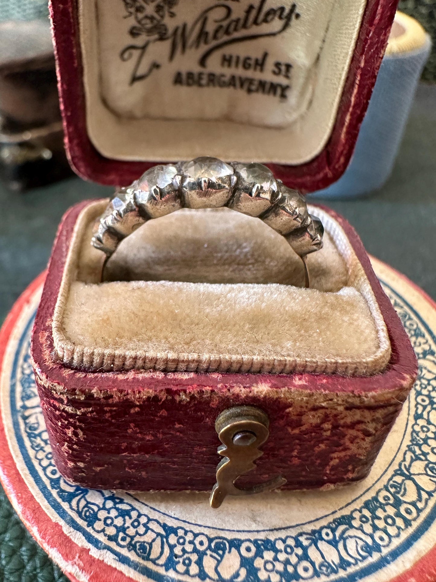 Rare Half Eternity Jarretière Georgian paste ring black dot foiled-back 18k rosy gold band French Diamond pastes size US 8.5 UK Q FR 57/58