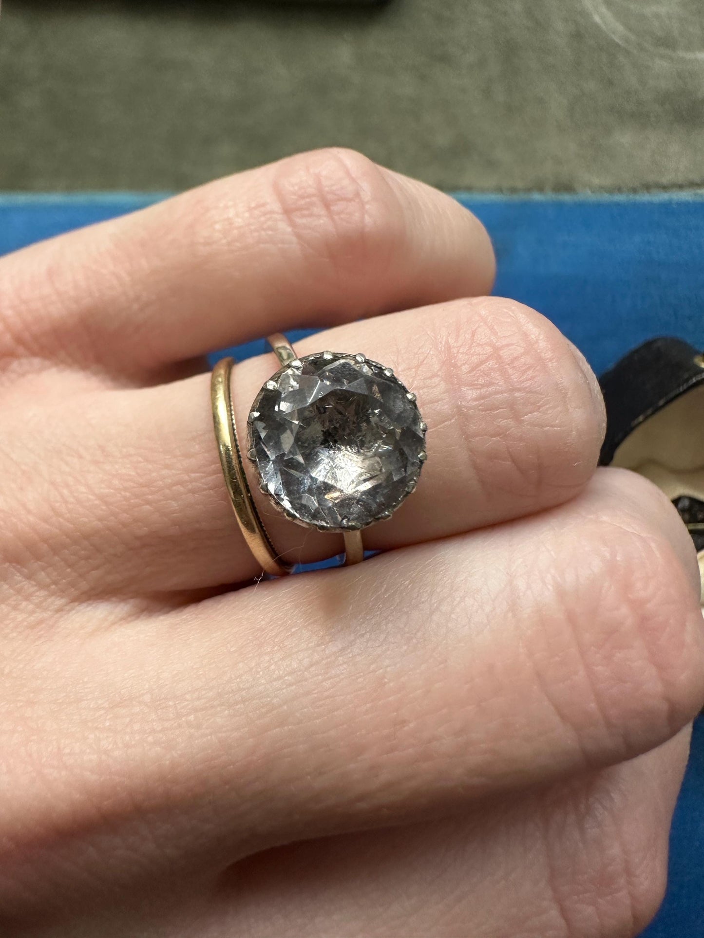 Large Antique Georgian foiled paste ring in 22ct white gold and silver button conversion solitaire domed black dot size 7 1/4 O 55 collector