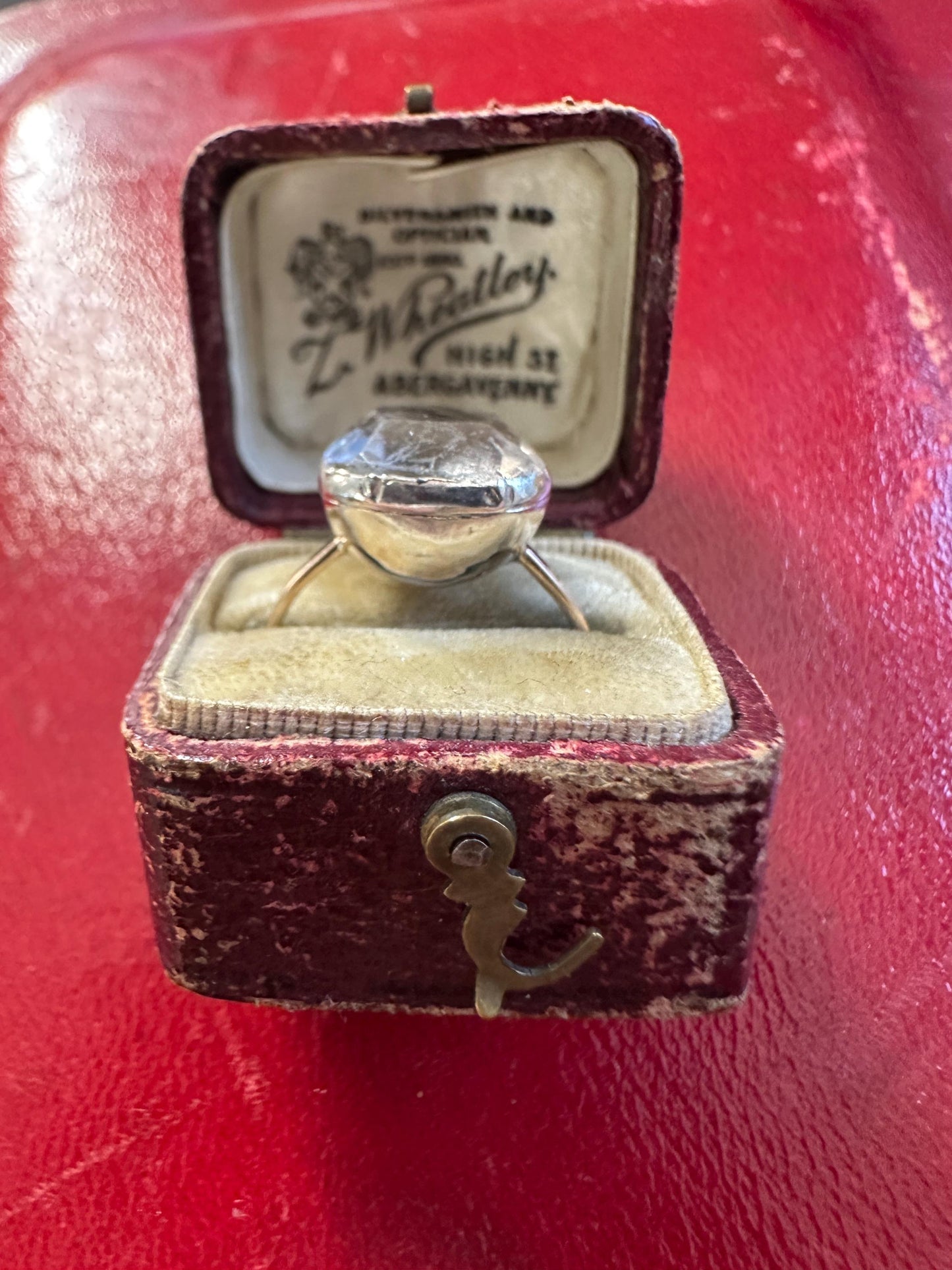Large Antique cushion Georgian foiled Paste ring black dot crimped cut down closed back silver 15k rosy gold band solitaire button rare