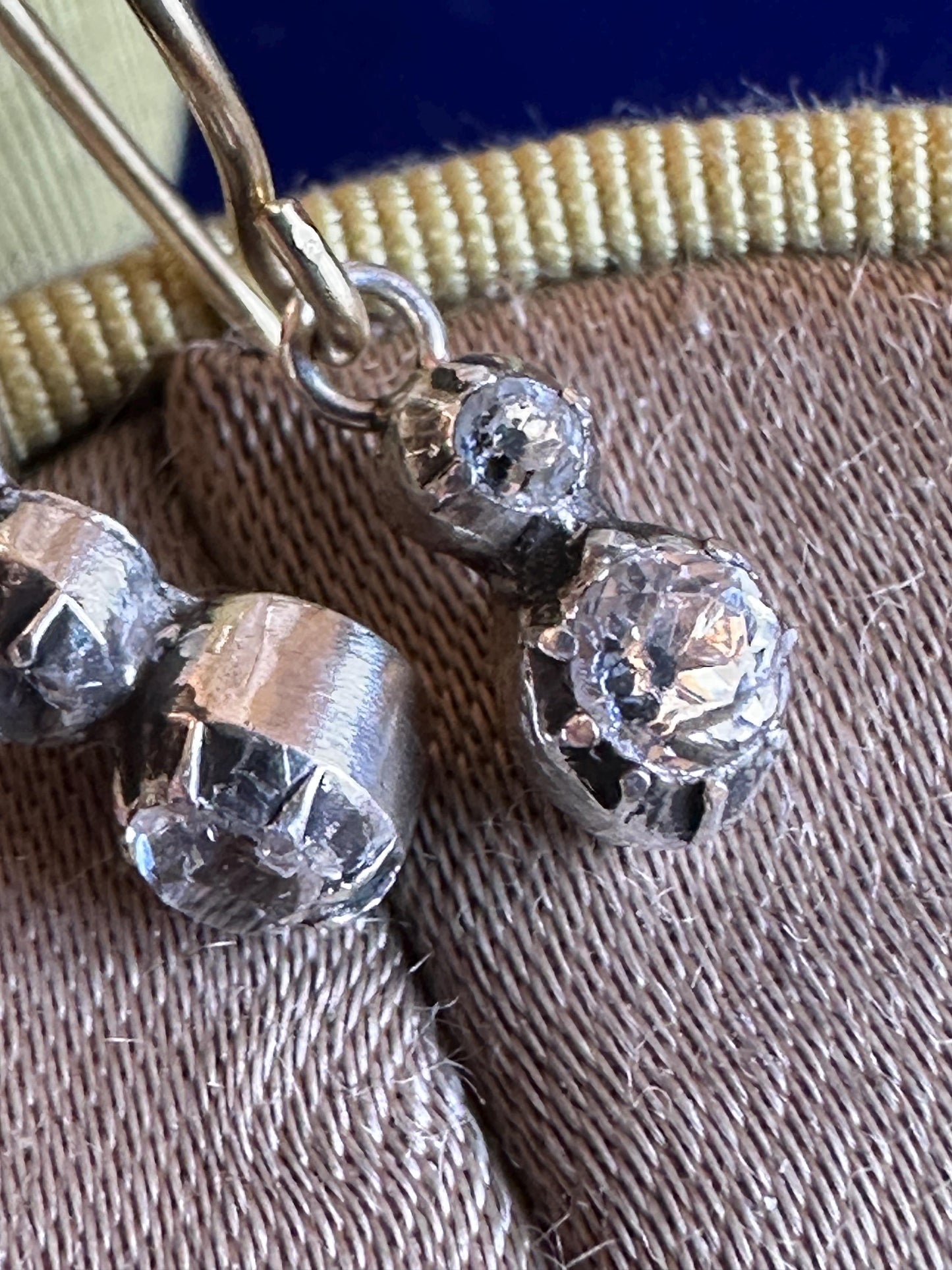 Dainty Georgian foiled Diamond Paste earrings in silver with 18k gold French wires closed back black dot cut glass antique sur paillon