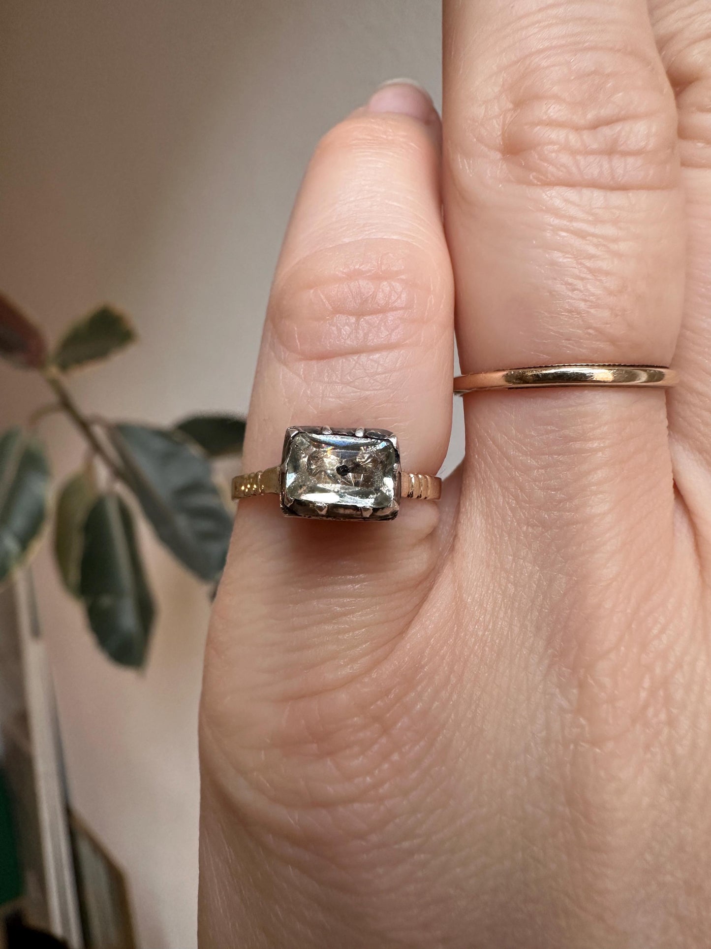 Antique Georgian Diamond Paste ring black dot foiled-back crafted in silver and 14/15k gold band  US5 3/4 UK L size 51 elongated cushion
