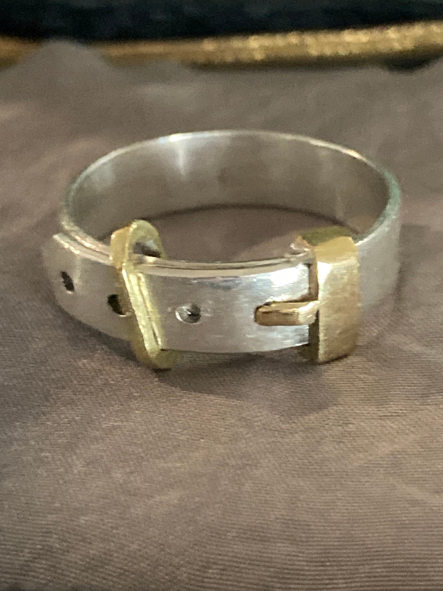Modernist Buckle ring sterling silver and 18kt yellow gold vintage kinetic hand fabricated