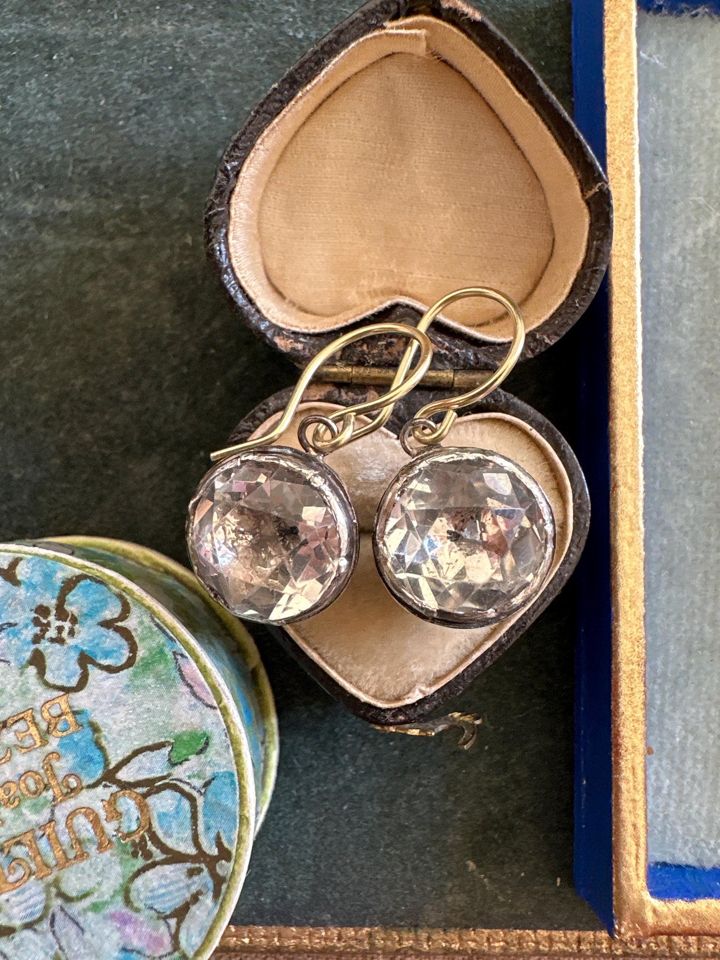 Large Antique Rock Crystal Georgian earrings black dot and foiled closed back crafted in silver and 18k French wire cufflinks buttons rare