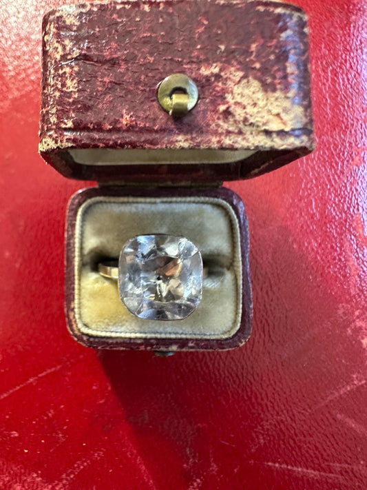 Large Antique cushion Georgian foiled Paste ring black dot crimped cut down closed back silver 15k rosy gold band solitaire button rare