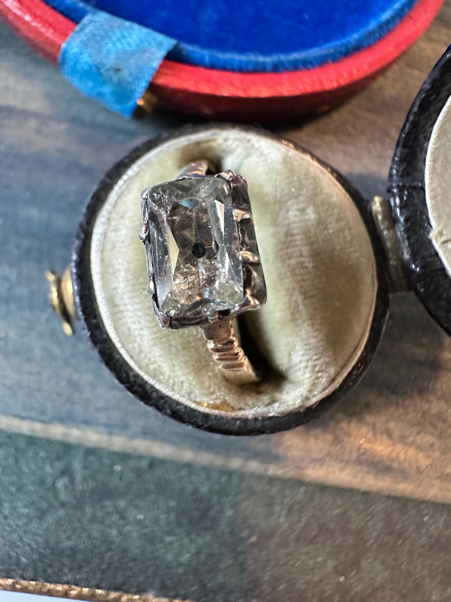 Antique Georgian Diamond Paste ring black dot foiled-back crafted in silver and 14/15k gold band  US5 3/4 UK L size 51 elongated cushion