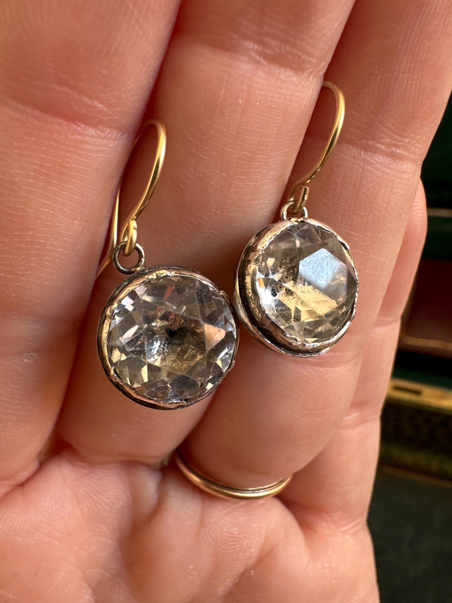 Large Antique Rock Crystal Georgian earrings black dot and foiled closed back crafted in silver and 18k French wire cufflinks buttons rare