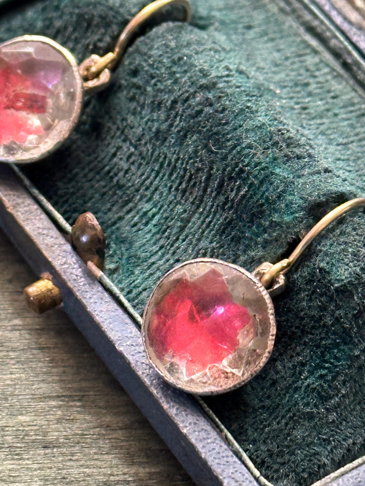 Rare Pink foiled Georgian paste earrings red colour foil close back Antique  18k yellow gold french wire silver dangle cufflinks conversion