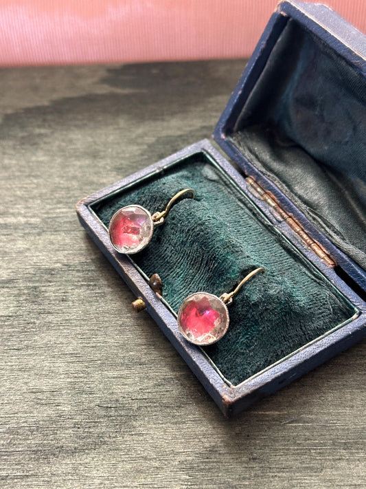 Rare Pink foiled Georgian paste earrings red colour foil close back Antique  18k yellow gold french wire silver dangle cufflinks conversion