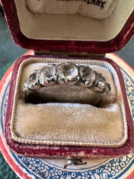 Rare Half Eternity Jarretière Georgian paste ring black dot foiled-back 18k rosy gold band French Diamond pastes size US 8.5 UK Q FR 57/58