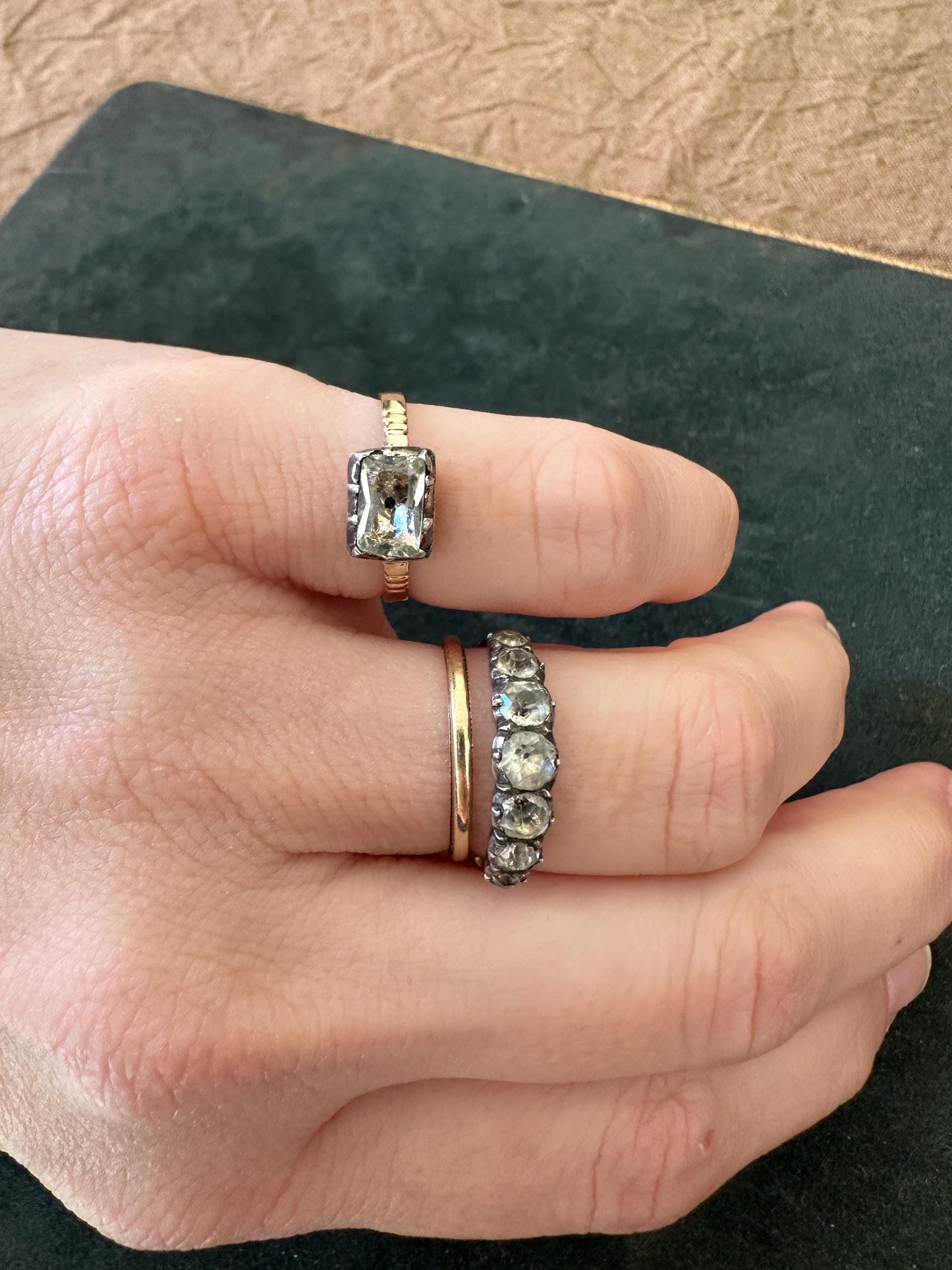 Rare Half Eternity Jarretière Georgian paste ring black dot foiled-back 18k rosy gold band French Diamond pastes size US 8.5 UK Q FR 57/58