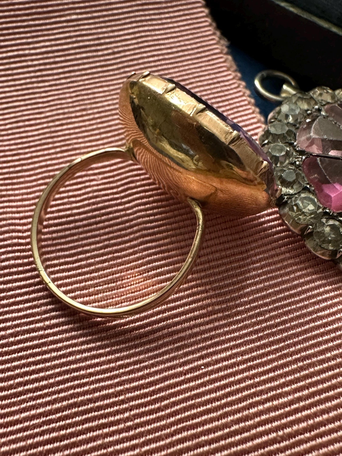 Large Amethyst Paste Ring Antique Georgian foiled back brass crimped setting 12k solid rosy gold band bague glass purple US 6.5 M