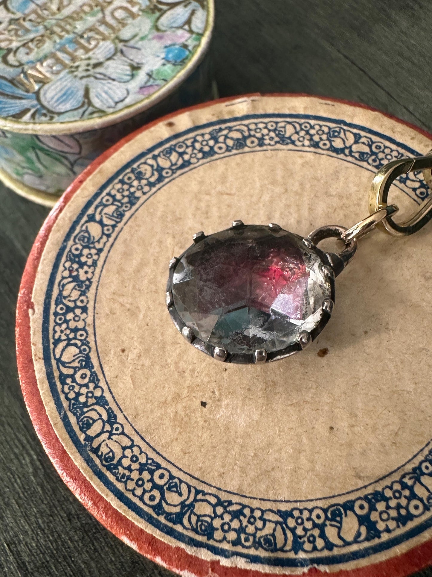 Pink red foiled Rock Crystal Antique Georgian pendant cuff link button engraved silver and 22k yellow gold rare