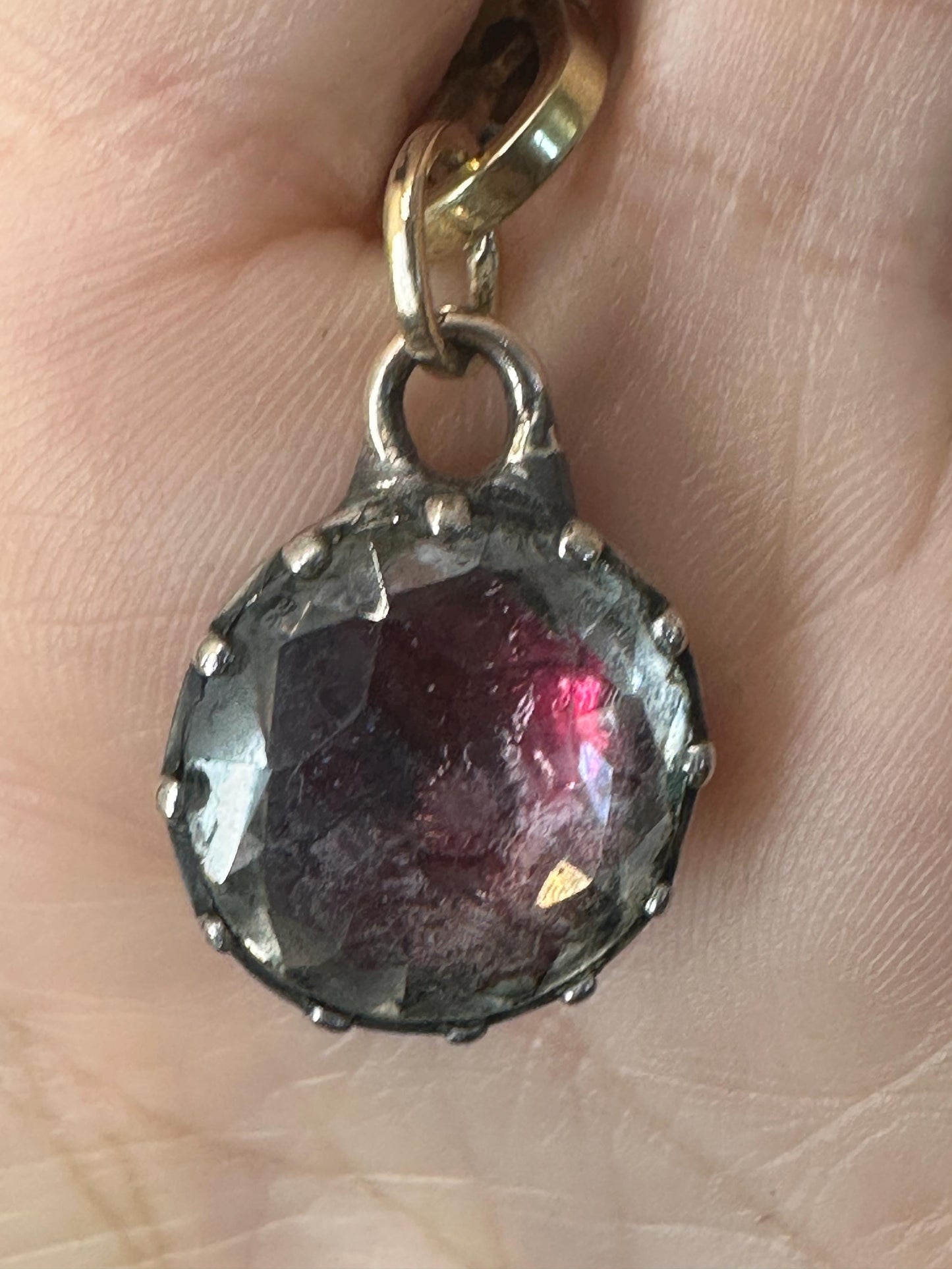 Pink red foiled Rock Crystal Antique Georgian pendant cuff link button engraved silver and 22k yellow gold rare