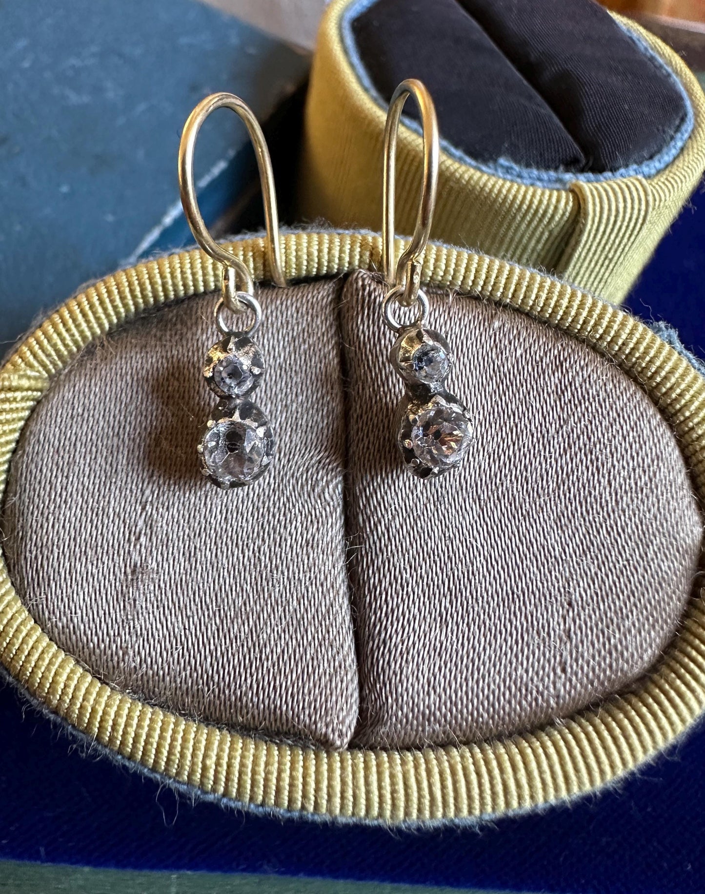 Dainty Georgian foiled Diamond Paste earrings in silver with 18k gold French wires closed back black dot cut glass antique sur paillon