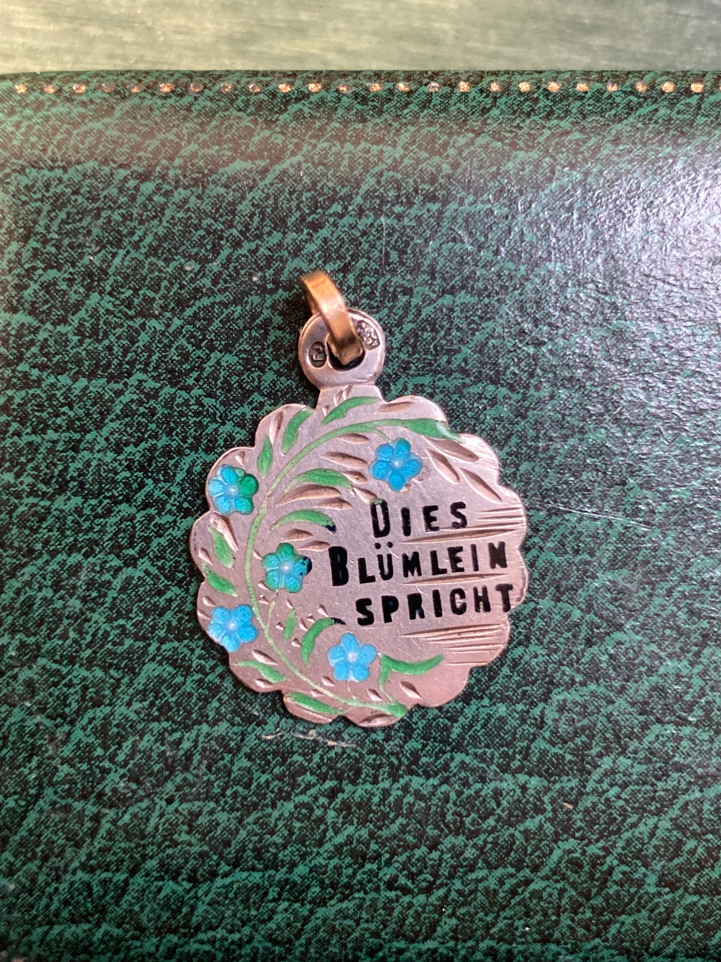 Antique enamel Memento Souvenir pendant forget me not German Austrian silver 22kt gold these flowers speak