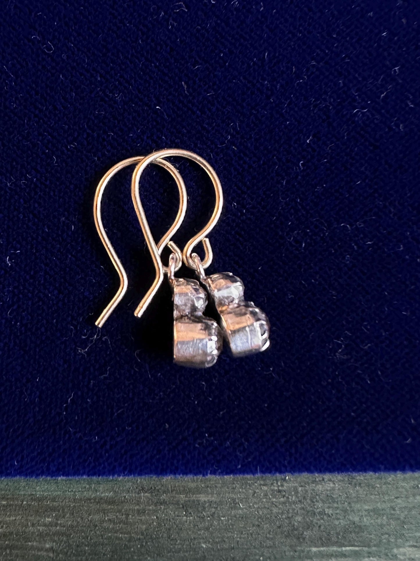 Dainty Georgian foiled Diamond Paste earrings in silver with 18k gold French wires closed back black dot cut glass antique sur paillon