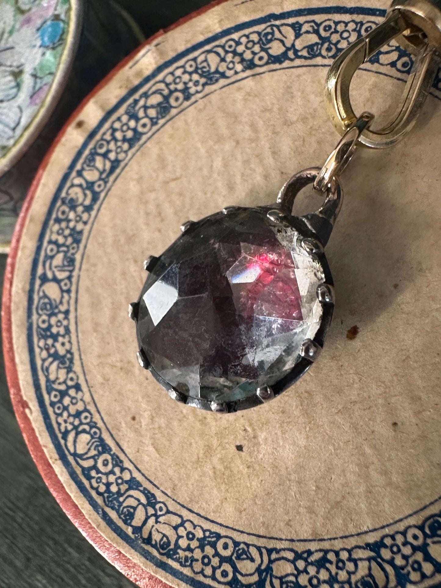 Pink red foiled Rock Crystal Antique Georgian pendant cuff link button engraved silver and 22k yellow gold rare
