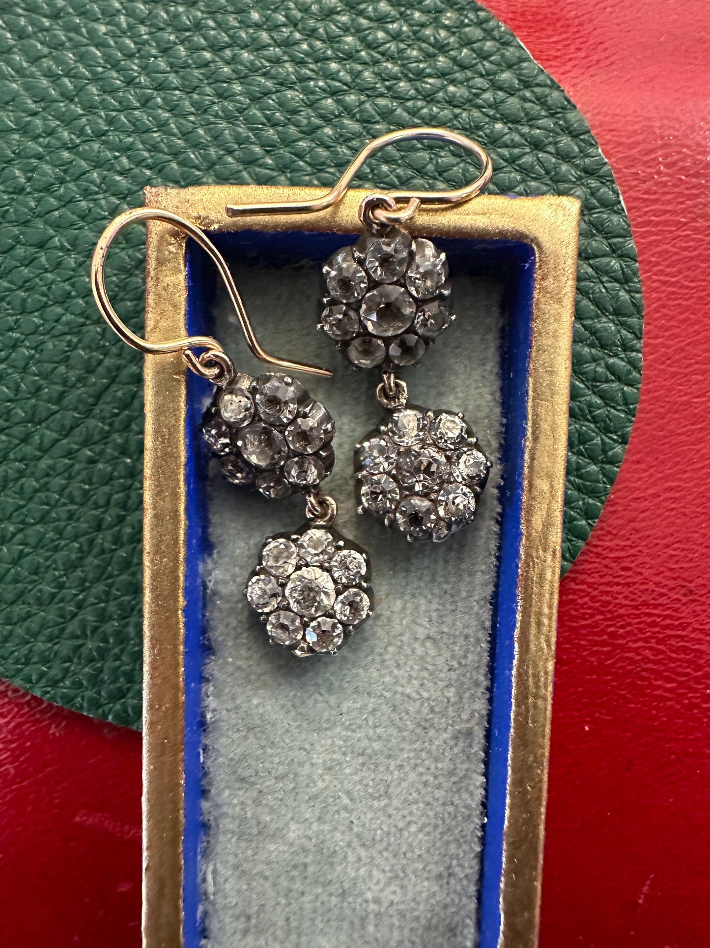 Double Daisies Antique Georgian paste earrings foiled closed back black dot 9k gold silver 14k French wire dangle silver boucle d'oreille