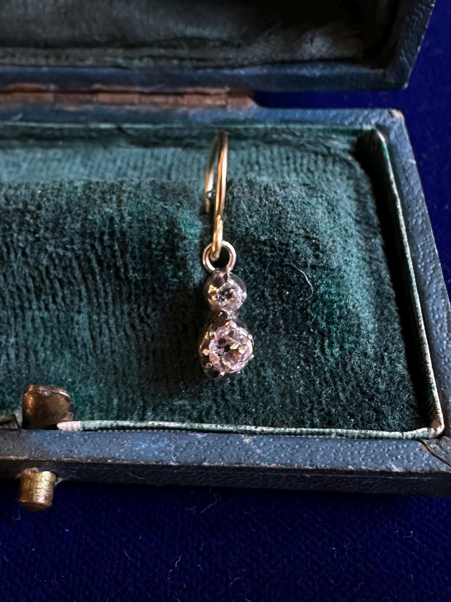 Dainty Georgian foiled Diamond Paste earrings in silver with 18k gold French wires closed back black dot cut glass antique sur paillon
