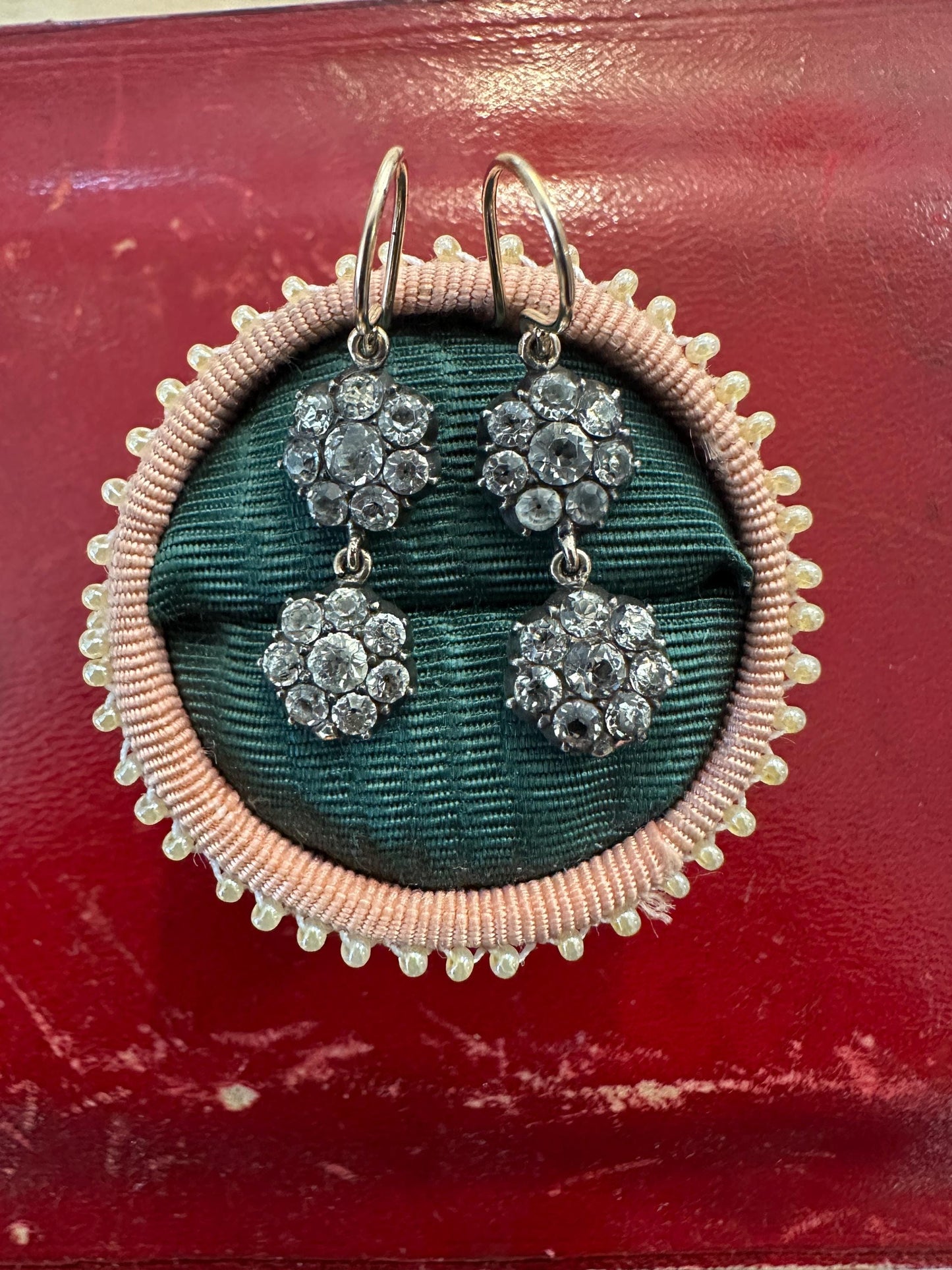 Double Daisies Antique Georgian paste earrings foiled closed back black dot 9k gold silver 14k French wire dangle silver boucle d'oreille