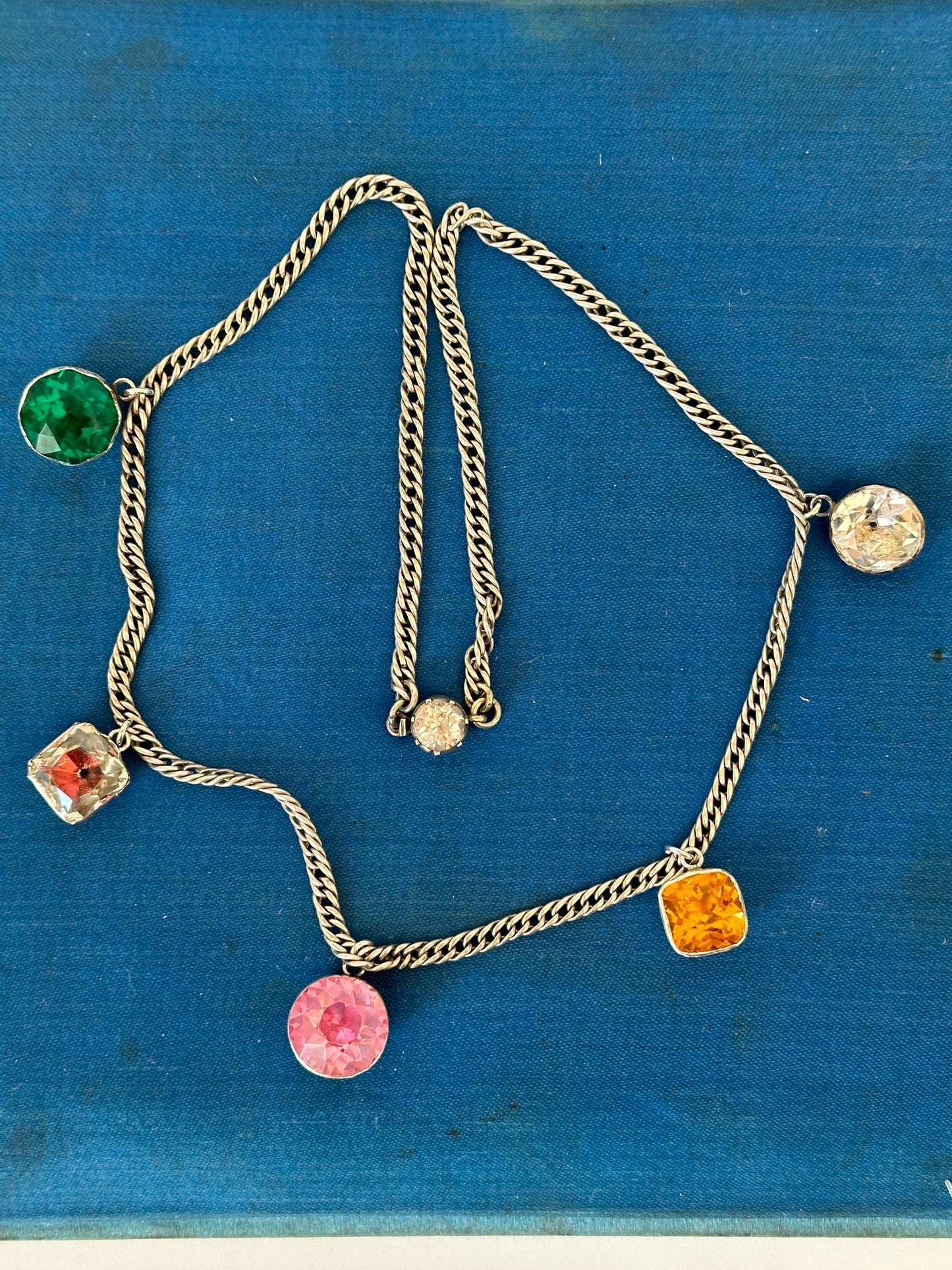Rare Arlequin Georgian paste silver necklace Antique foiled black dot buttons silver curb chain paste clasp