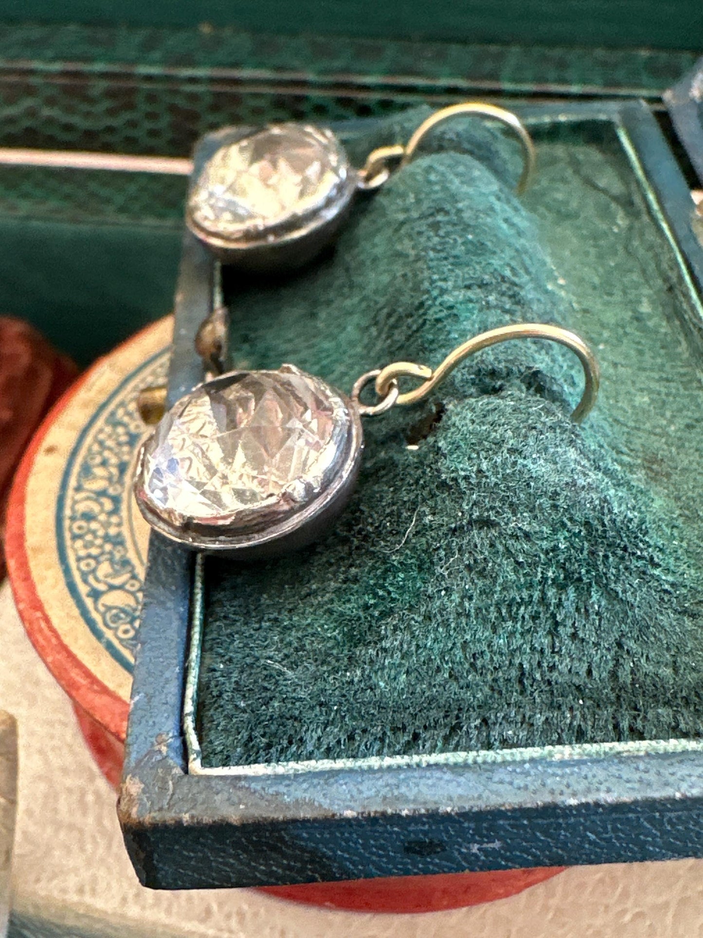 Large Antique Rock Crystal Georgian earrings black dot and foiled closed back crafted in silver and 18k French wire cufflinks buttons rare