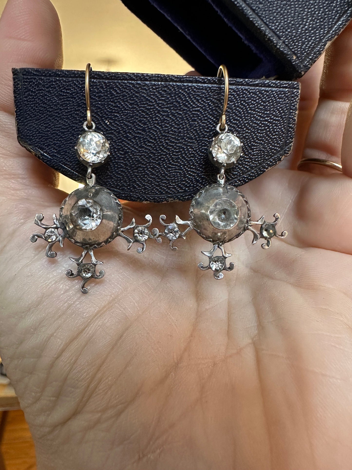 Black dot Georgian paste rock crystal foiled close back earrings 18k gold silver Antique cross conversion statement jewellery boucles French
