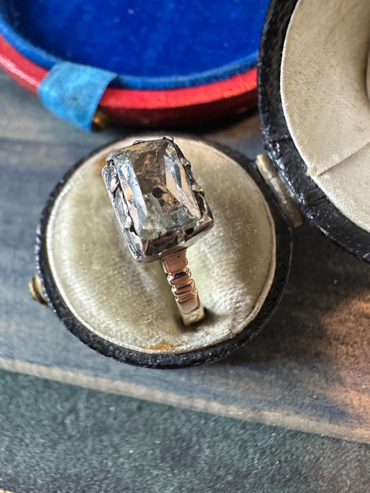 Antique Georgian Diamond Paste ring black dot foiled-back crafted in silver and 14/15k gold band  US5 3/4 UK L size 51 elongated cushion