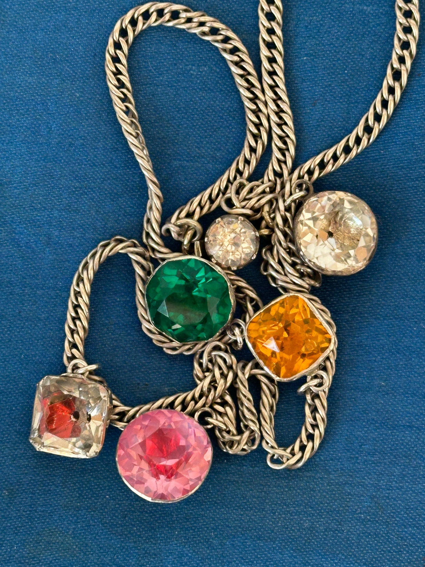 Rare Arlequin Georgian paste silver necklace Antique foiled black dot buttons silver curb chain paste clasp
