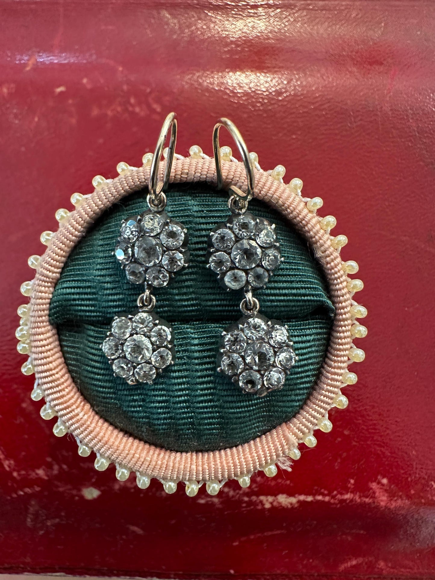 Double Daisies Antique Georgian paste earrings foiled closed back black dot 9k gold silver 14k French wire dangle silver boucle d'oreille