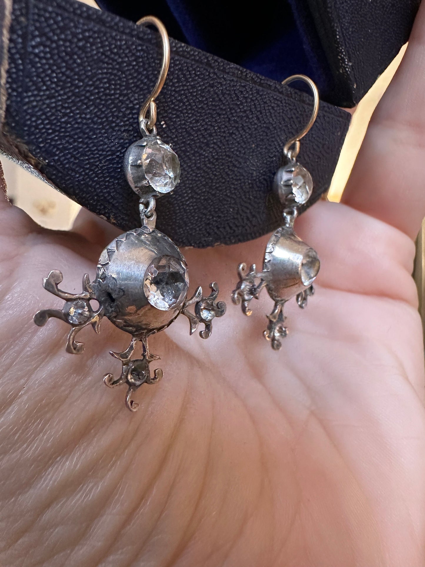 Black dot Georgian paste rock crystal foiled close back earrings 18k gold silver Antique cross conversion statement jewellery boucles French