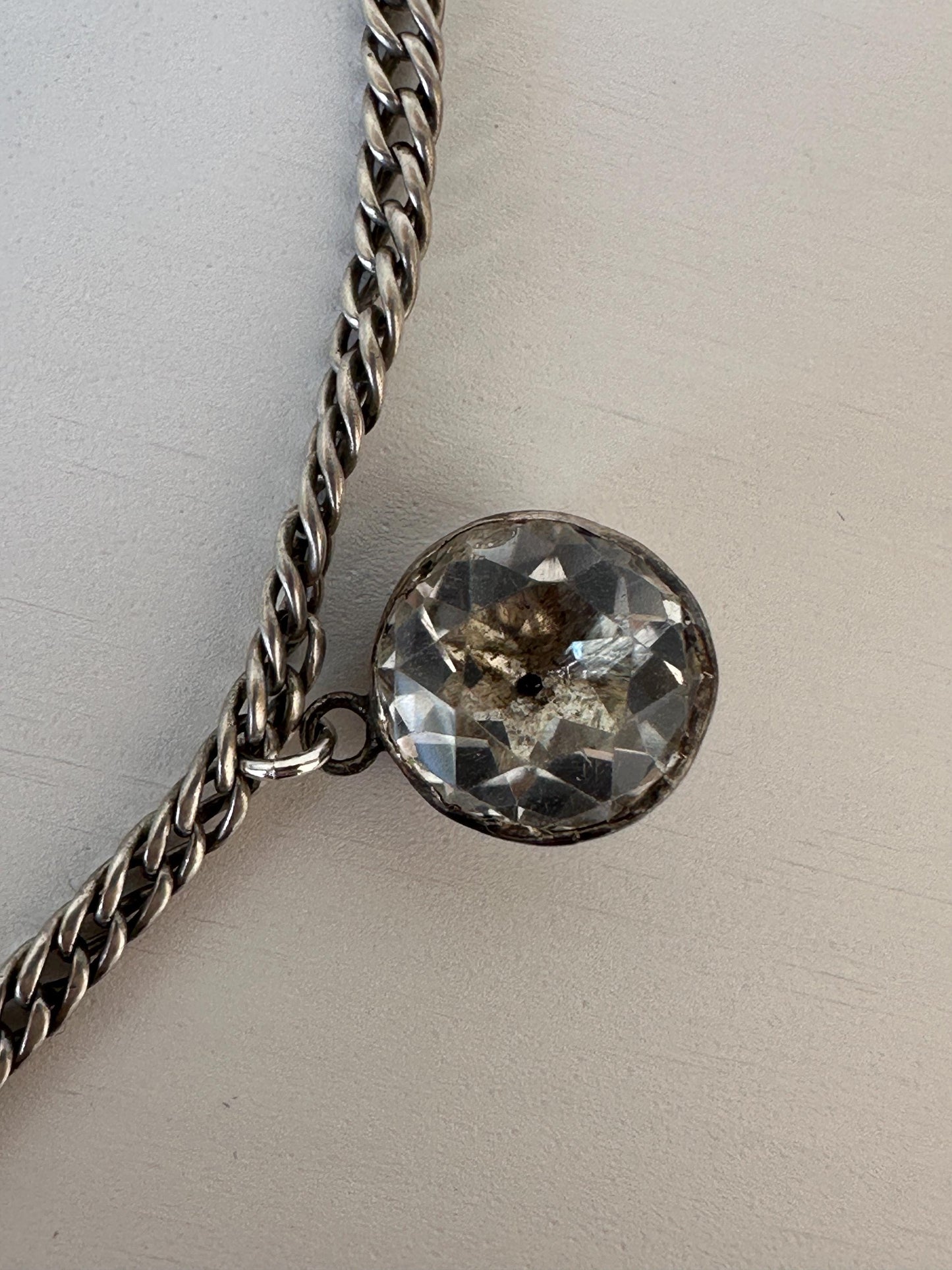 Rare Arlequin Georgian paste silver necklace Antique foiled black dot buttons silver curb chain paste clasp