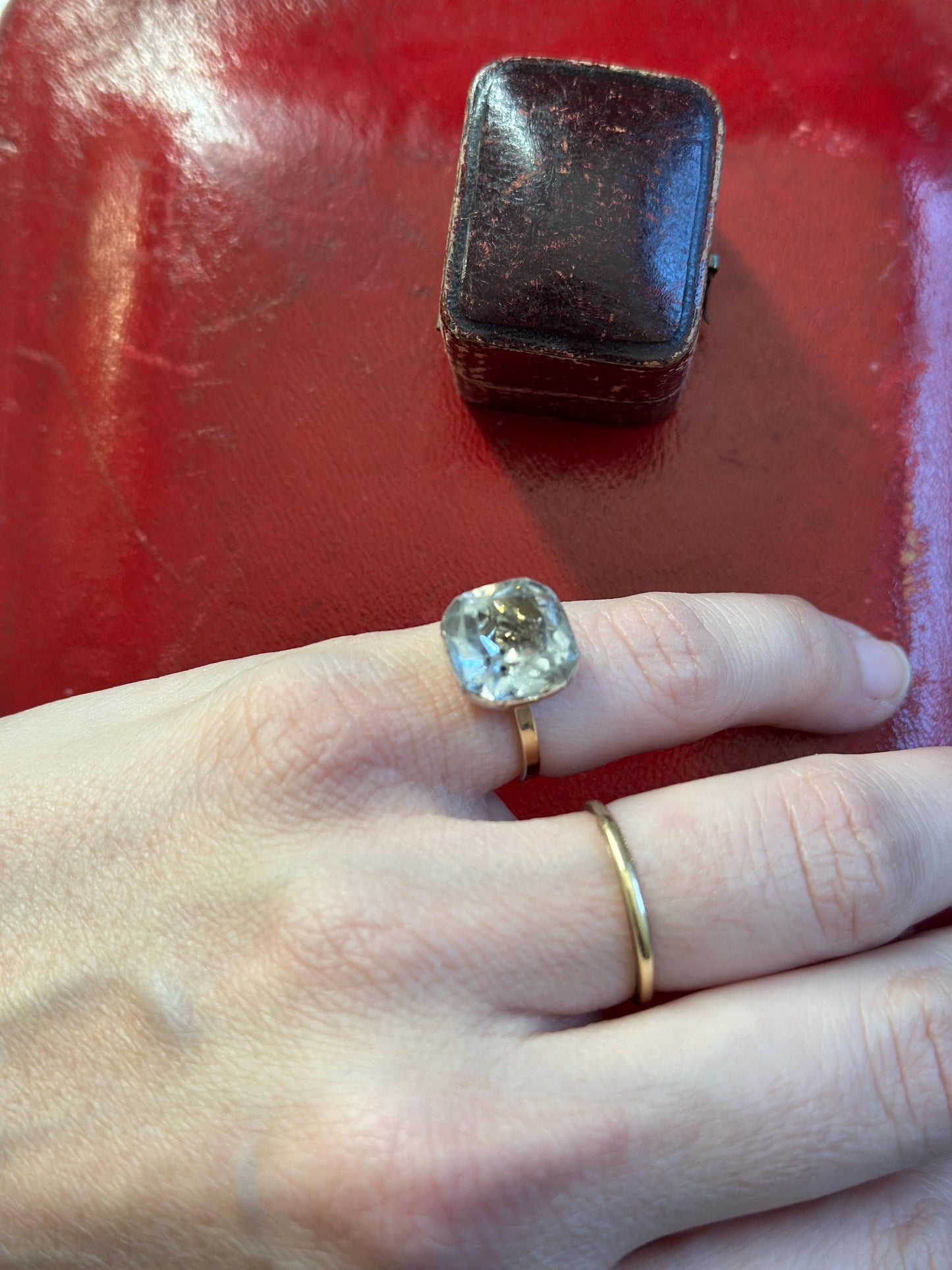 Large Antique cushion Georgian foiled Paste ring black dot crimped cut down closed back silver 15k rosy gold band solitaire button rare