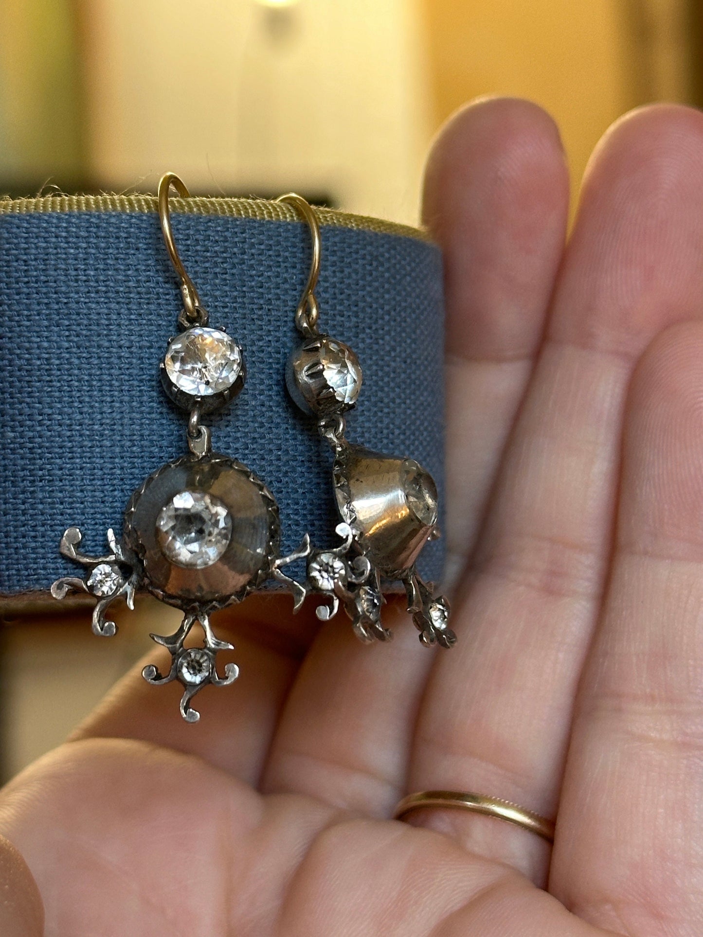 Black dot Georgian paste rock crystal foiled close back earrings 18k gold silver Antique cross conversion statement jewellery boucles French